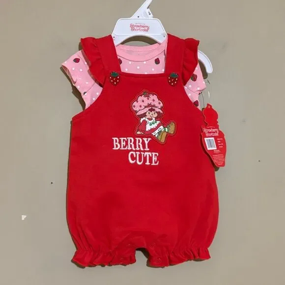 Strawberry Shortcake Baby Girl 2 Piece Set Overalls Red Pink NWT 3M 3 Month - Picture 1 of 8